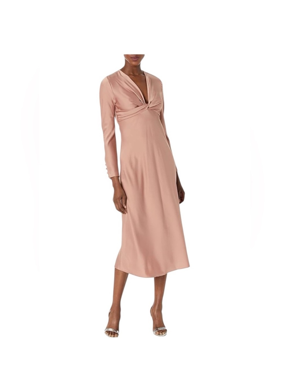 Maggy London Satin Twist Front Midi Dress Dusty Rose Mauve Long Sleeve Size 10